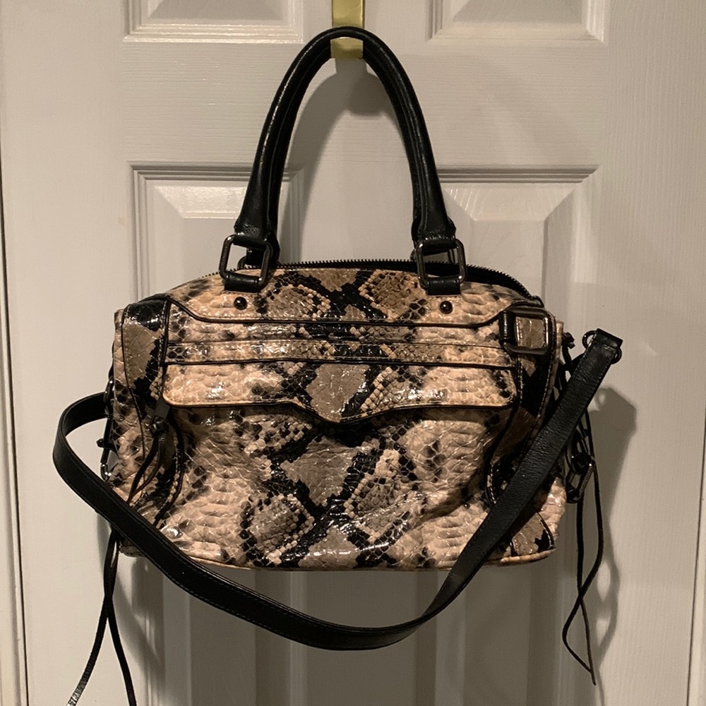 Rebecca Minkoff Beige and Black Snake-Print Satchel